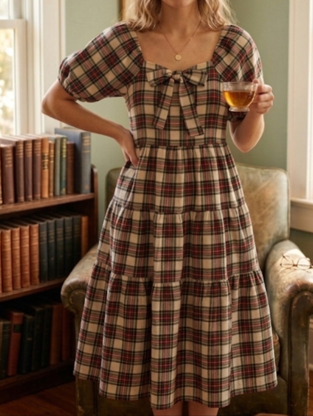 Ivy City Co Plaid Tie-Front Midi Dress in Cream, Red & Green